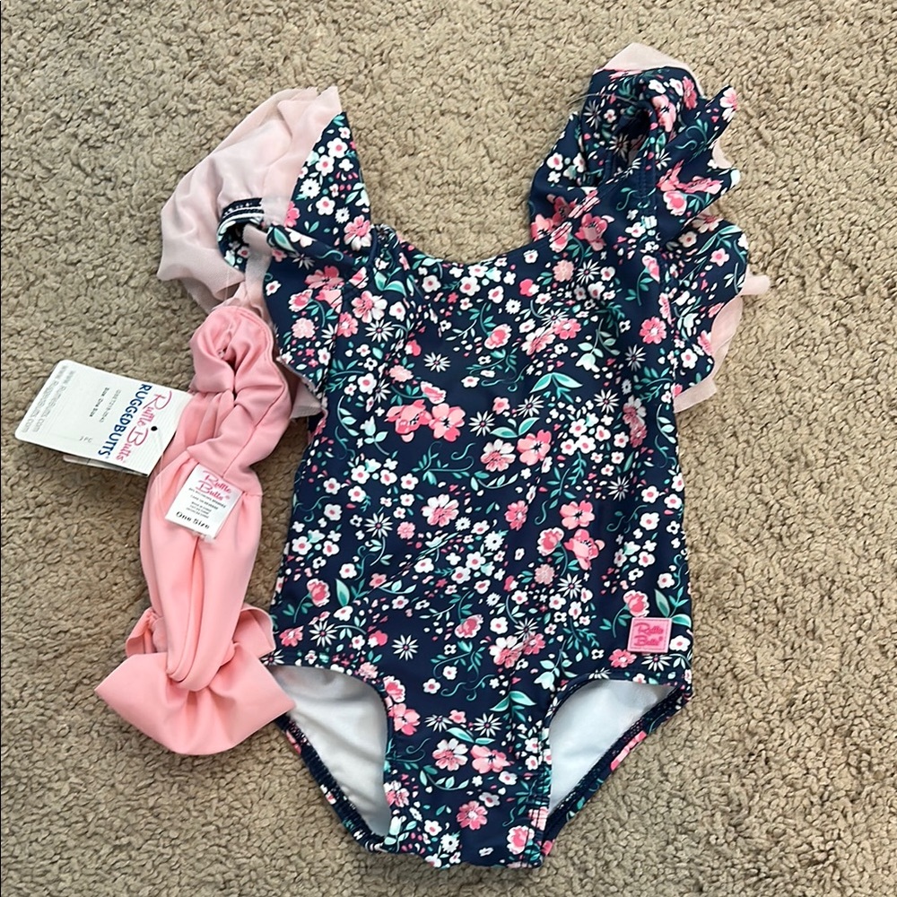 Ruffle Butts Floral Kids Swim One Piece - Navy and Pink